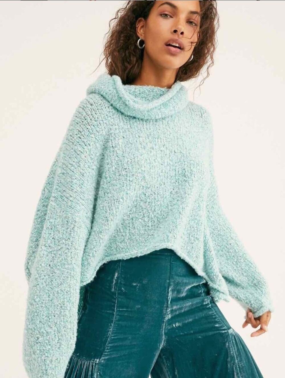 Free People NEW BFF Cowl Neck Sweater Aqua Star Size XL